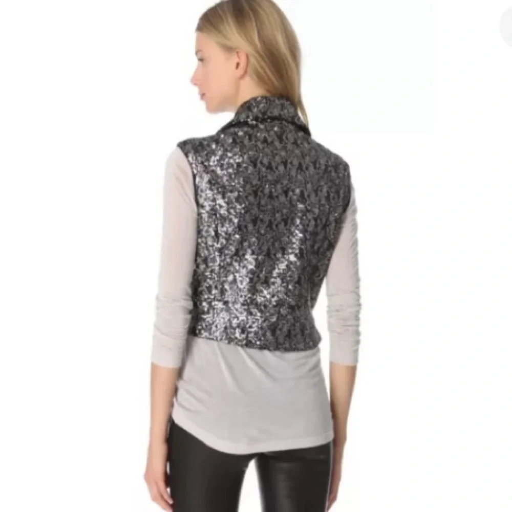 Catherine Malandrino Sequin Moto Vest Galaxy Black Silver Size 4